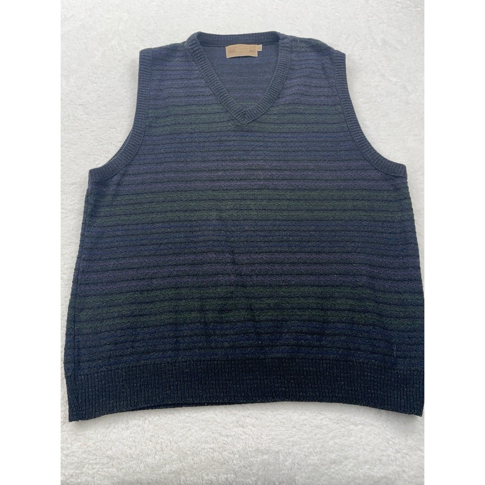 Shenandoah Mens Large V-Neck Sweater Vest Striped Cotton Blend‎ Gray Blue Green